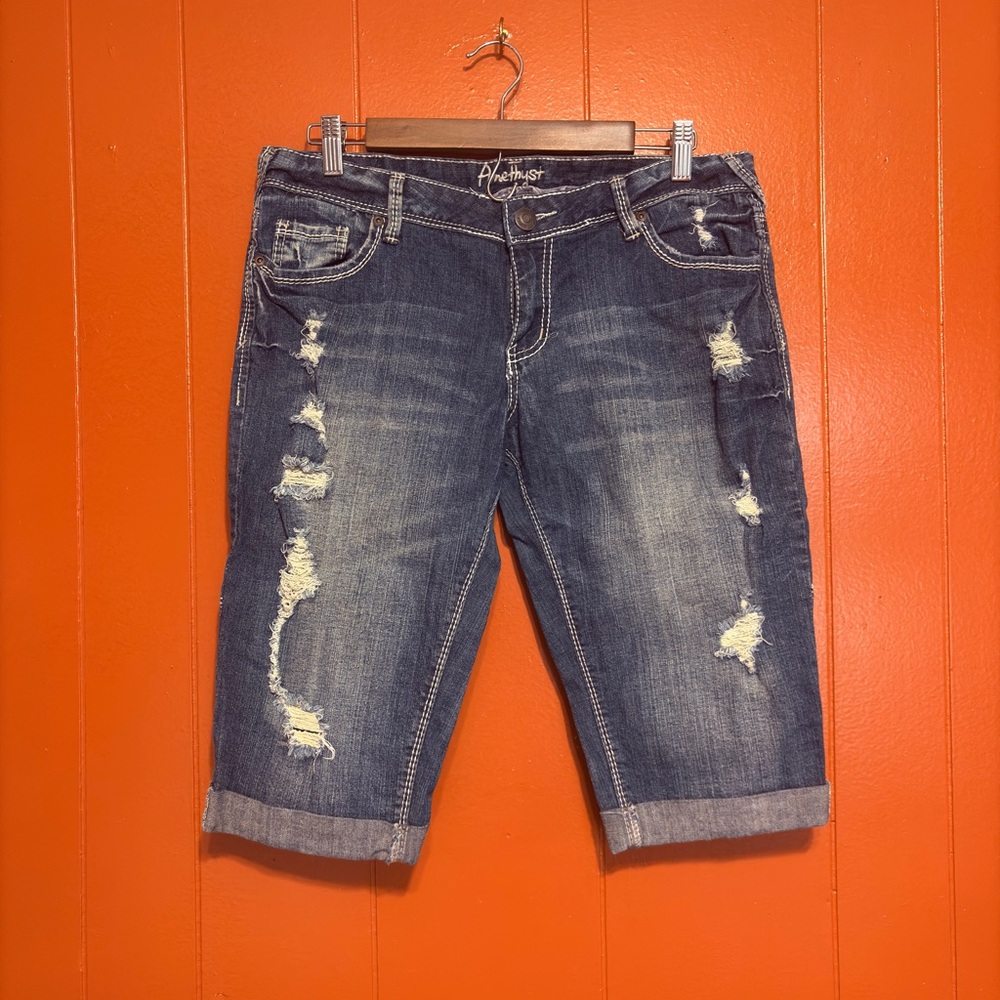 Amethyst Jeans Distressed Dark Blue Boyfriend Bermuda Shorts
